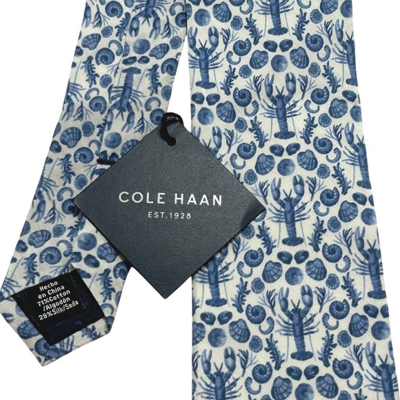 Cole Haan Other - Cole Haan Mens Blue White Lobster Shell Nautical Print Cotton Silk Necktie NEW